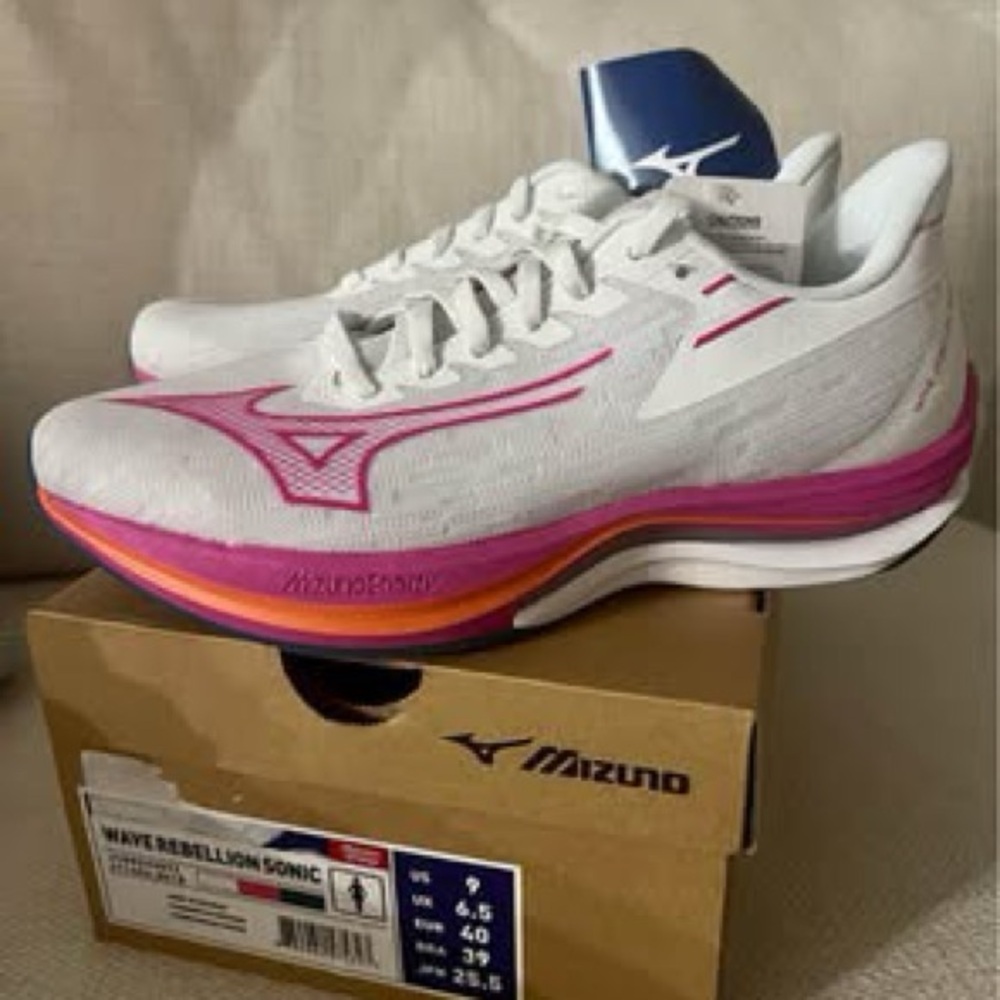 Mizuno Wave Rebellion Sonic White and Pink Shoes